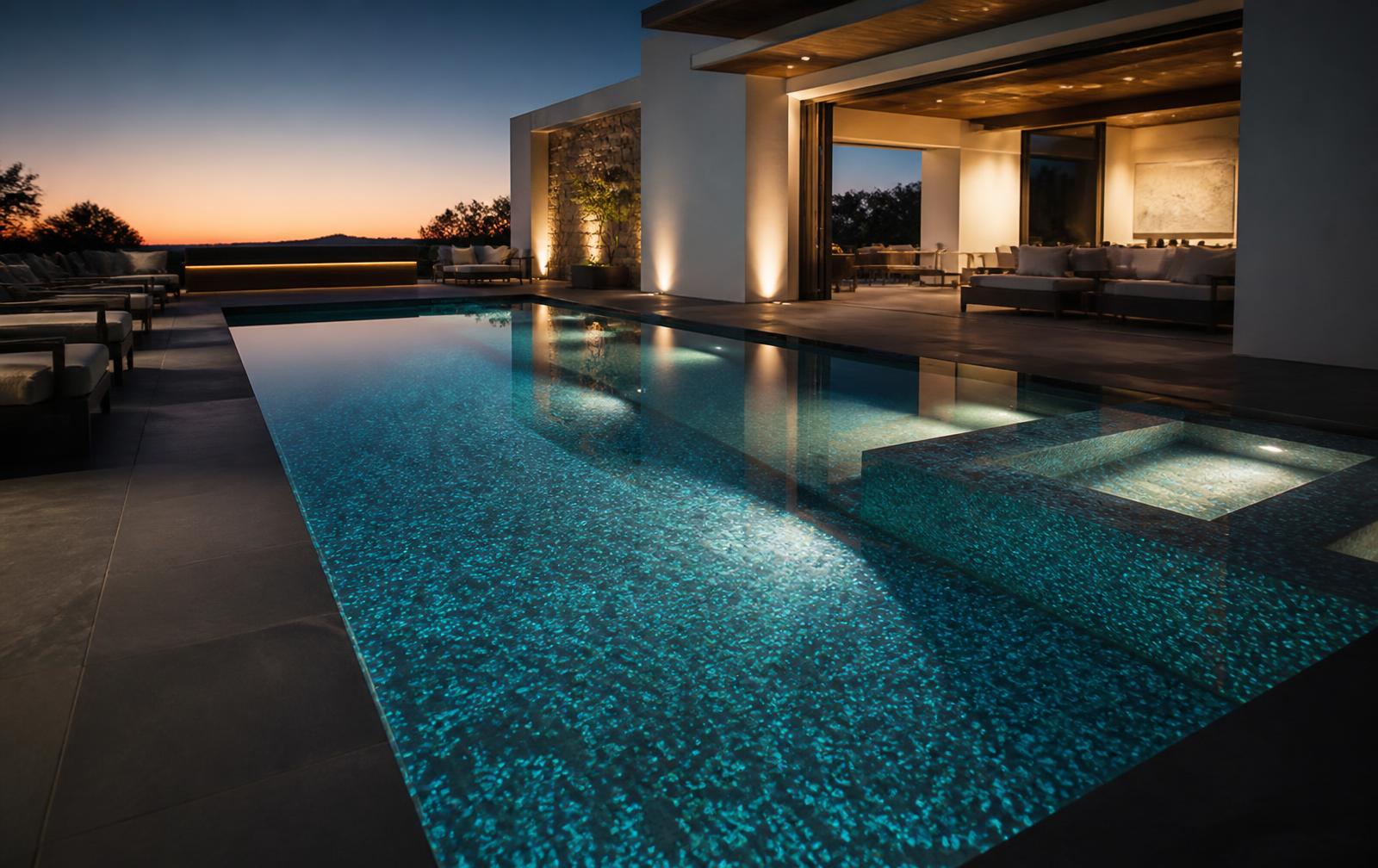 Luxury pool at night with aqua glow accents — concept visualization